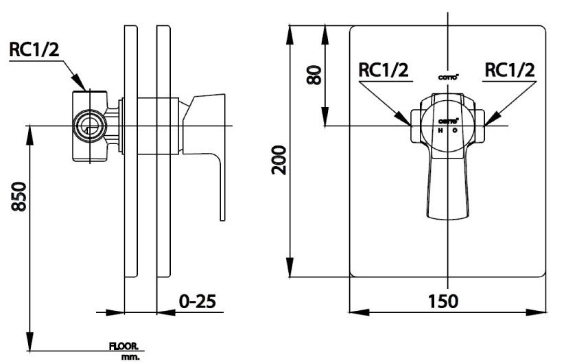 Bản vẽ van điều chỉnh âm tường CT 2204A Cotto nóng lạnh