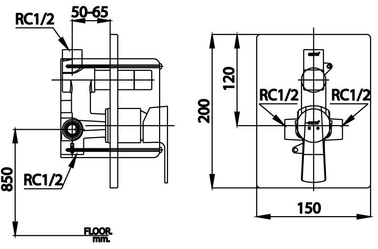Bản vẽ kích thước van điều chỉnh âm tường ct 2207a  Cotto