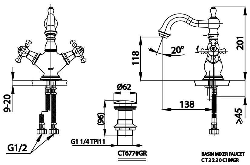 Bản vẽ kích thước voi chậu rửa mặt nóng lạnh Cotto ct 2220c18 gr