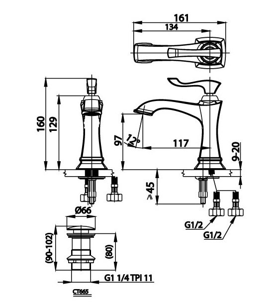 Bản vẽ kích thước vòi chậu rửa mặt Cotto CT 2230 A