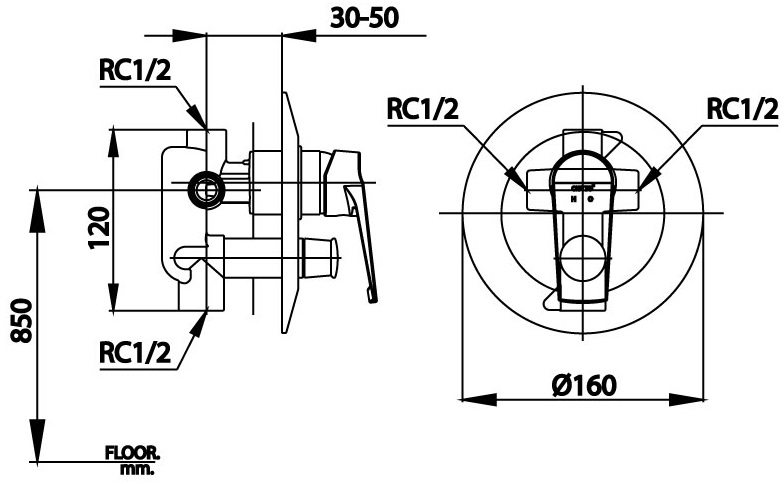 Bản vẽ van điều chỉnh âm tường ct 2249 av Cotto nóng lạnh