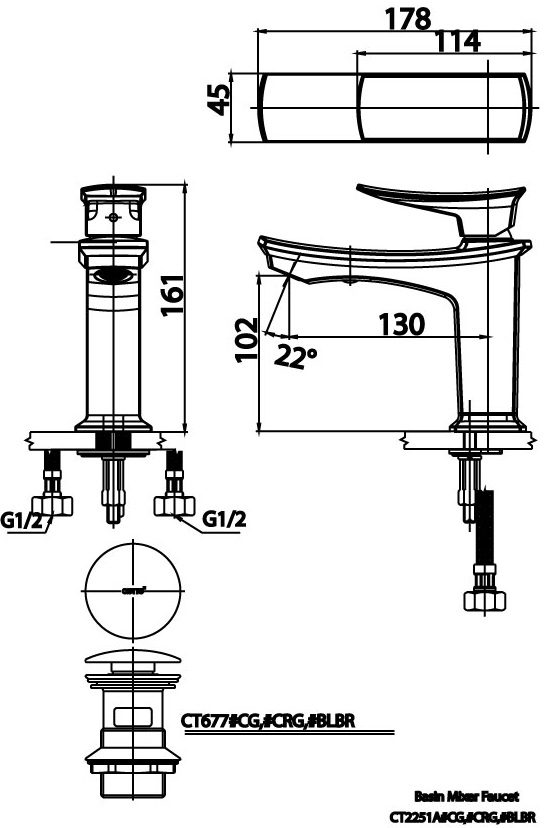 Bản vẽ kỹ thuật vòi chậu rửa mặt ct 2251a blbr Cotto