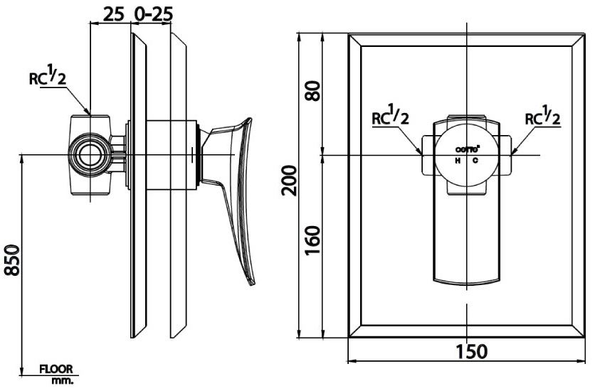 Bản vẽ van điều chỉnh âm tường CT 2256 A  Cotto nóng lạnh 
