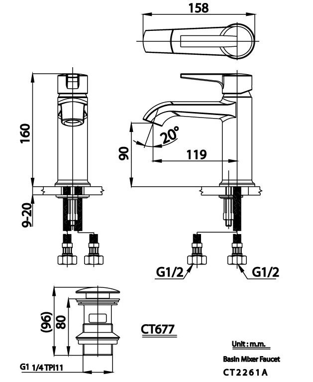 Bản vẽ kích thước vòi nóng lạnh Cotto CT 2261 A
