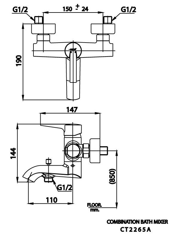 Bản vẽ kích thước củ sen nóng lạnh cotto ct 2265a