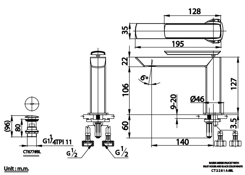 Bản vẽ kích thước vòi nóng lạnh Cotto ct 2281a bl