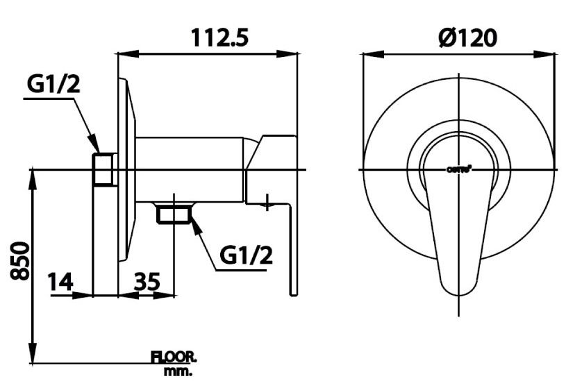 Bản vẽ kích thước van điều chỉnh âm tường ct 2291 a Cotto