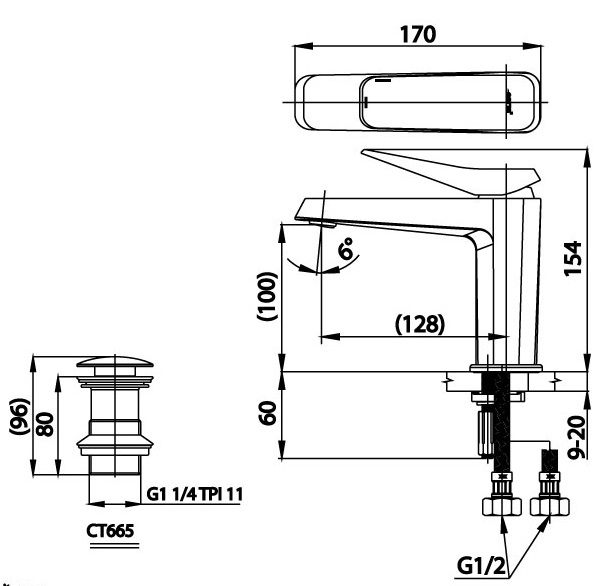 Bản vẽ kích thước  vòi chậu rửa mặt cotto ct 2301a bn2