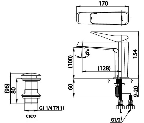 Bản vẽ kích thước vòi lavabo rửa mặt Cotto CT 2301 A