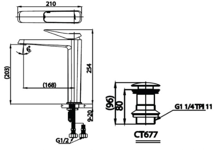 Bản vẽ kích thước vòi chậu rửa tay màu đen Cotto ct 2302ay bn2