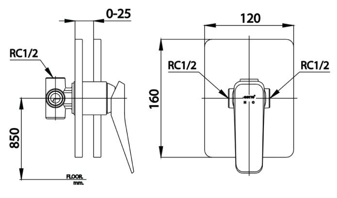 Bản vẽ van điều chỉnh âm tường CT 2303A BL Cotto màu đen