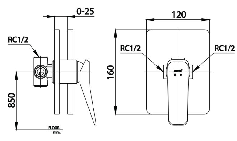 Bản vẽ kích thước van điều chỉnh âm tường ct 2303a gr2 Cotto 