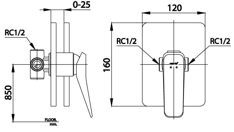 Bản vẽ van điều chỉnh âm tường ct  2303 a Cotto nóng lạnh
