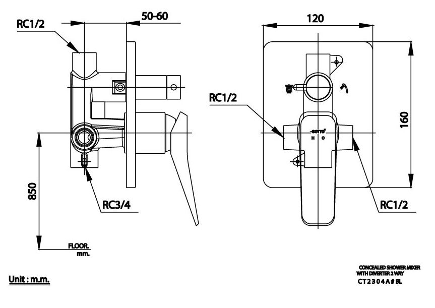 Bản vẽ kích thước van điều chỉnh CT 2304A BL âm tường