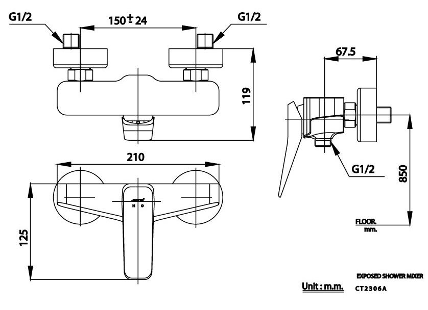 Bản vẽ kích thước củ sen tắm nóng lạnh cotto ct 2306 a