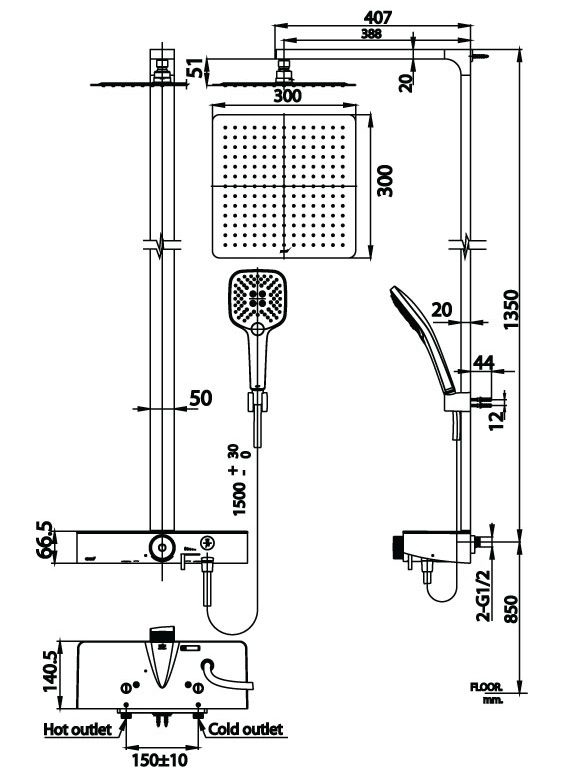 Bản vẽ kích thước sen cây nhiệt độ CT 2307 W Cotto