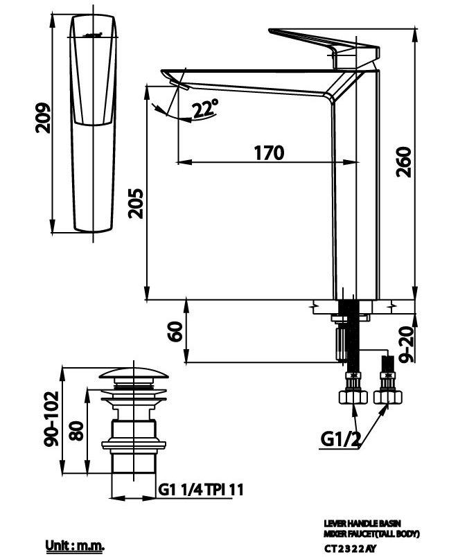 Bản vẽ kích thước vòi chậu rửa mặt CT 2322 AY Cotto nóng lạnh