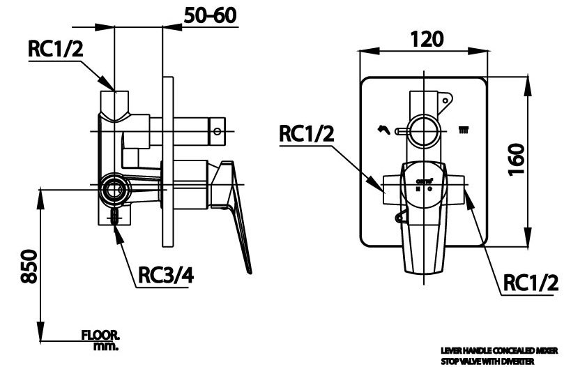 Bản vẽ van điều chỉnh âm tường ct 2323 a Cotto nóng lạnh 