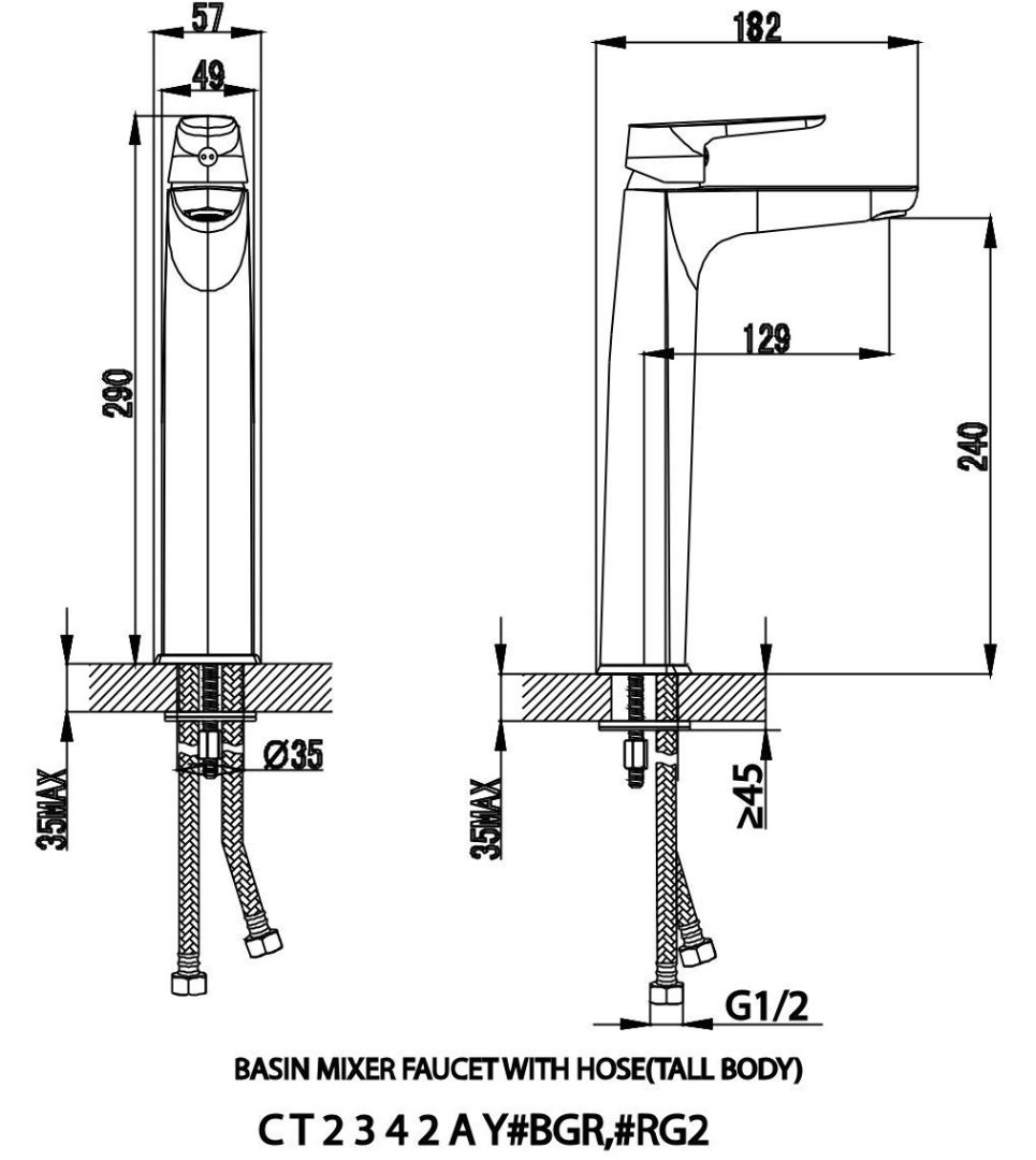 Bản vẽ kích thước vòi chậu màu vàng Cotto CT2342AY#BGR