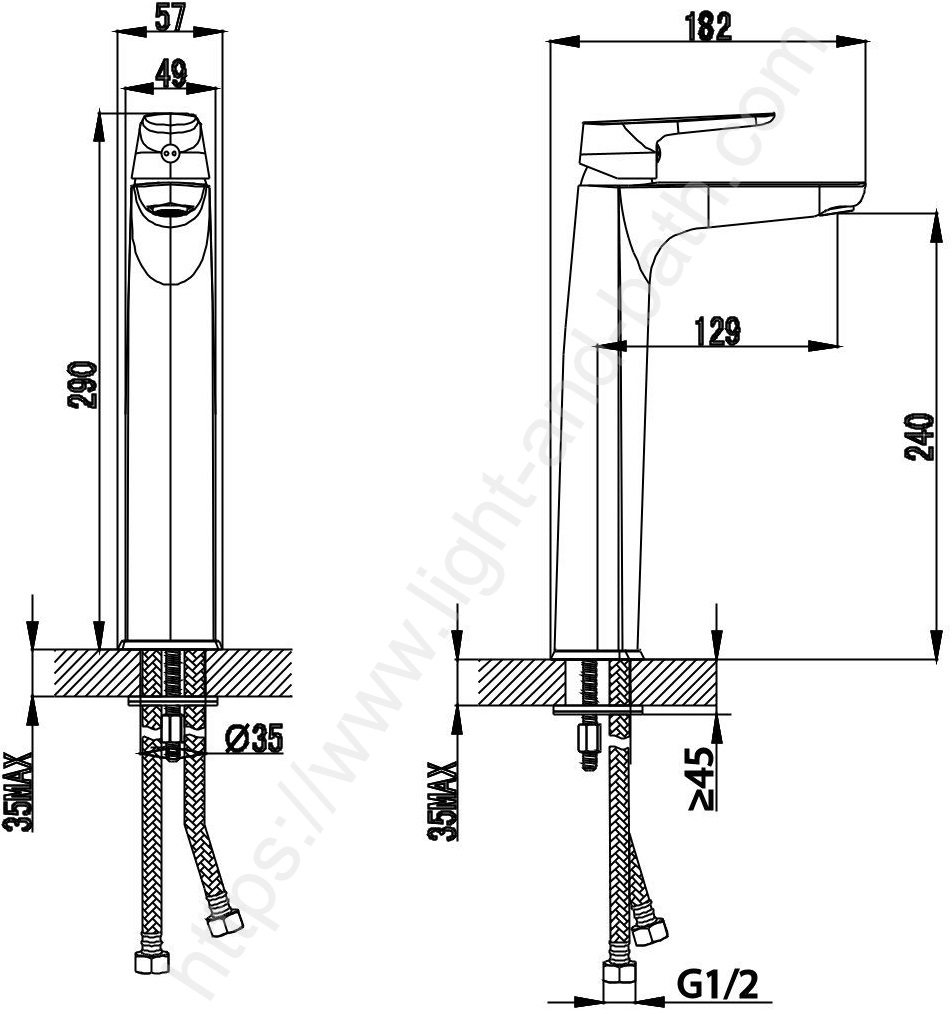 Bản vẽ kích thước vòi chậu màu vàng hồng Cotto CT2342AY#RG2(HM)