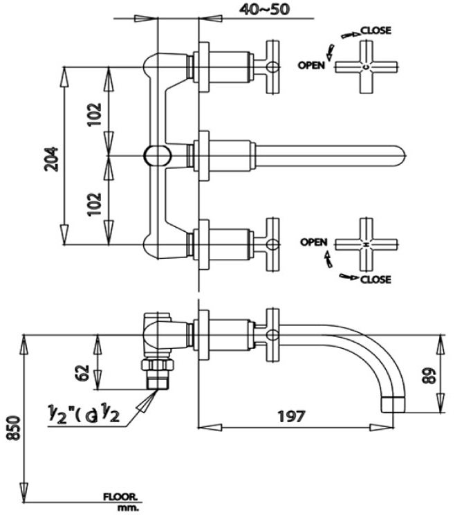 Bản vẽ kích thước vòi chậu rửa mặt COTTO ct 237 c16   gắn tường