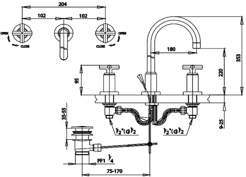 Bản vẽ kích thước vòi lavabo rửa mặt nóng lạnh COTTO ct 238 yc 16