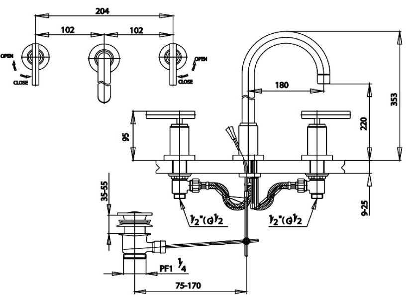 Bản vẽ kích thước vòi chậu nóng lạnh COTTO ct 238 y c20 3 lỗ