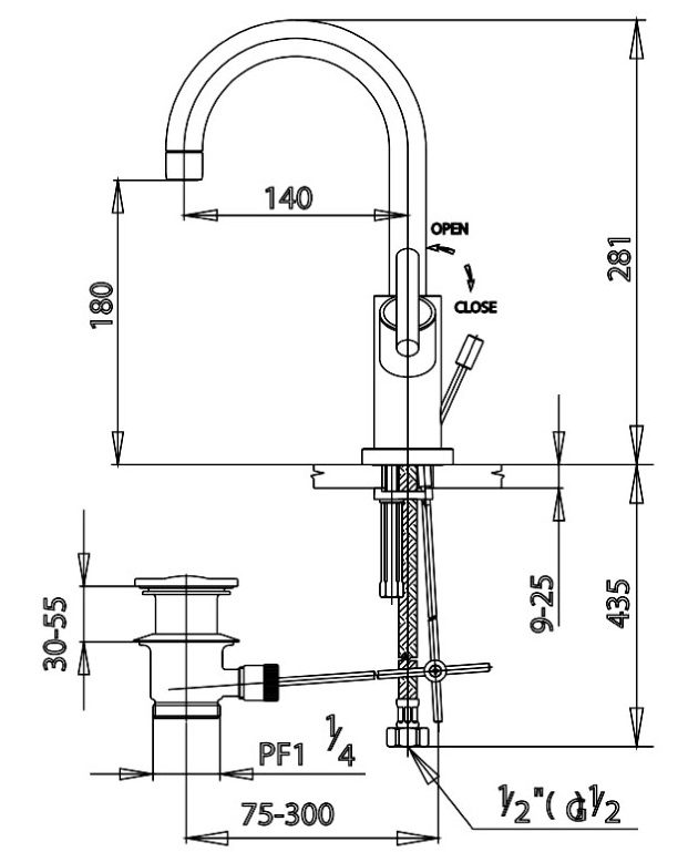 Bản vẽ kích thước vòi lavabo rửa mặt nóng lạnh Cotto ct 239 c20