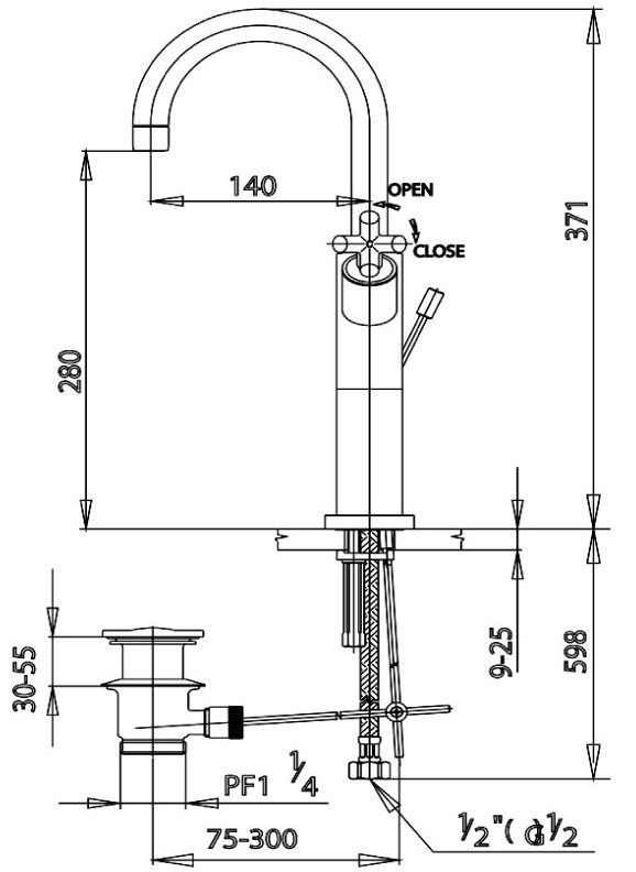 Bản vẽ kích thước Vòi chậu lavabo nóng lạnh Cotto ct 239yc16