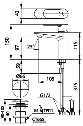 Bản vẽ kích thước vòi chậu rửa mặt CT2401A Cotto