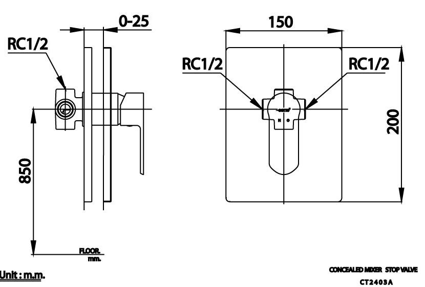 Bản vẽ van điều chỉnh âm tường ct 2403 a  Cotto nóng lạnh
