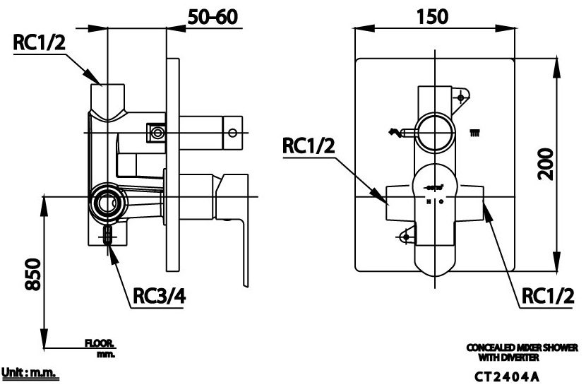 Bản vẽ van điều chỉnh âm tường ct 2404 a Cotto nóng lạnh 
