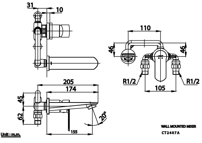Bản vẽ kỹ thuật vòi lavabo gắn tường Cotto CT 2407 A