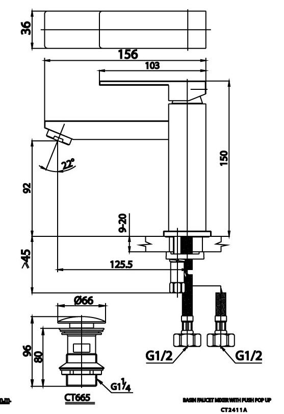 Bản vẽ kích thước vòi nóng lạnh Cotto ct 2411 a