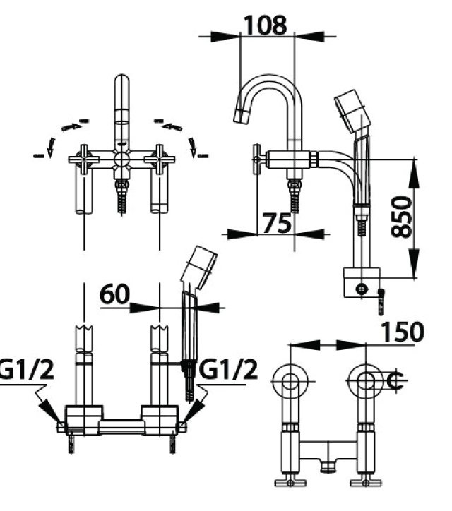 Bản vẽ kích thước sen cây bồn tắm Cotto CT249C16X Z79 đặt sàn