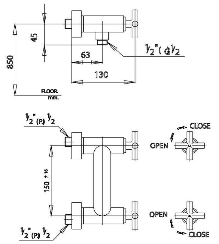 Bản vẽ kích thước củ sen tắm nóng lạnh cotto ct 253 c16 