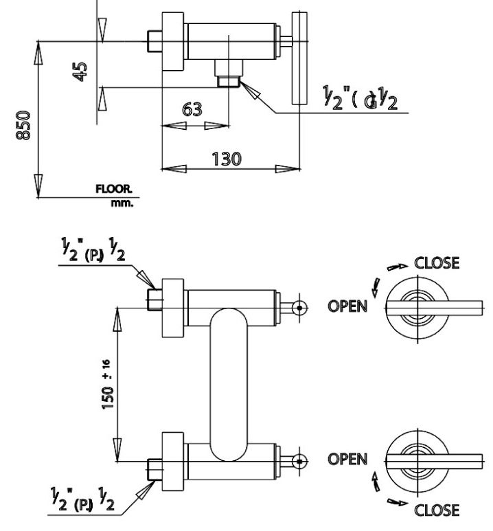 Bản vẽ kích thước củ sen tắm nóng lạnh cotto ct 253 c20