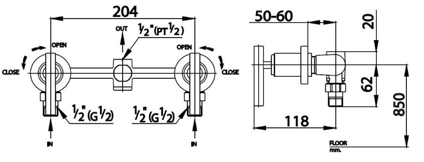 Bản vẽ kích thước van âm tường ct 254 c20 Cotto nóng lạnh