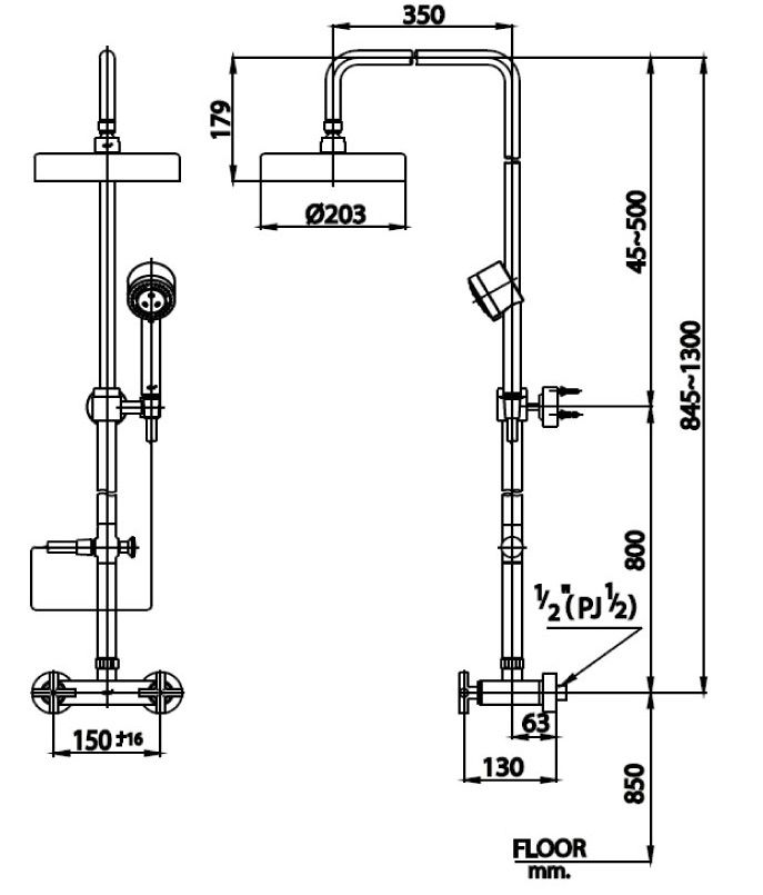 Bản vẽ kích thước sen cây nóng lạnh CT276C16WS COTTO