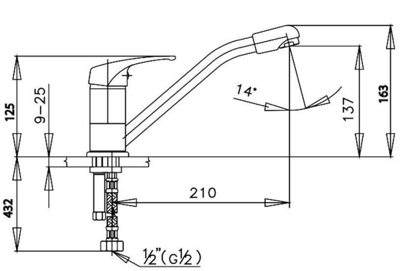 Bản vẽ kích thước vòi rửa chén cotto CT 288D nóng lạnh