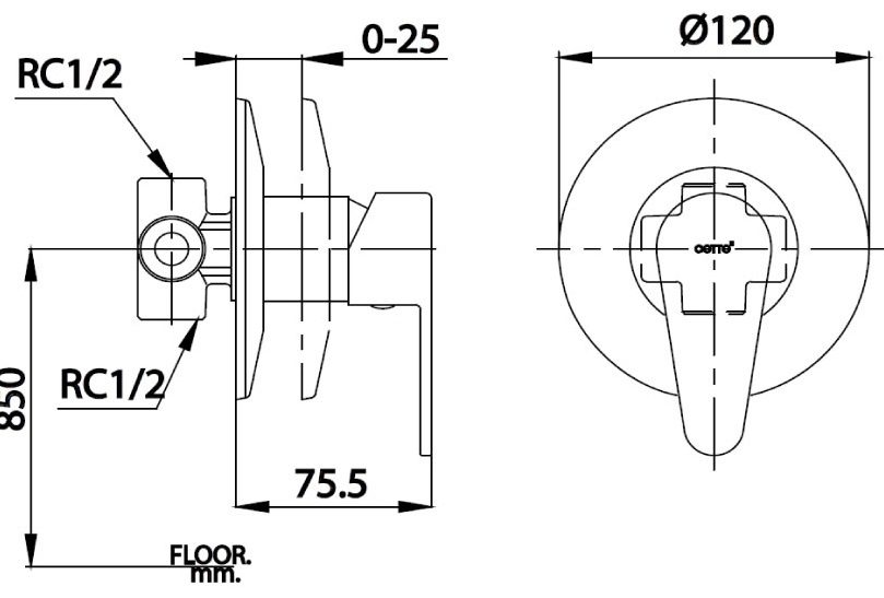 Bản vẽ van điều chỉnh âm tường ct 3004 ae  Cotto nóng lạnh