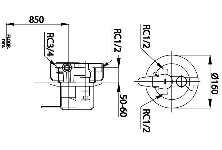 Bản vẽ kích thước van âm tường CT3005 AEV Cotto