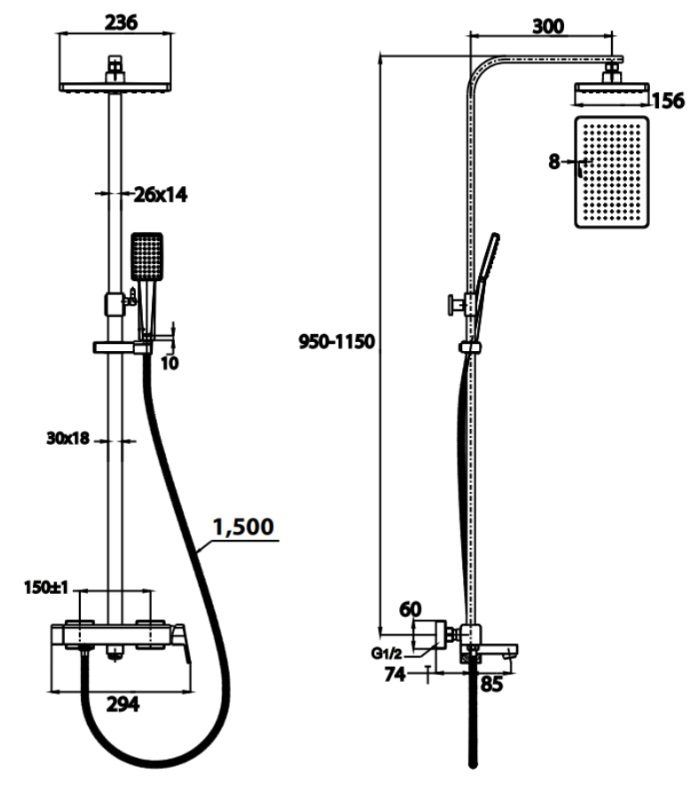Bản vẽ kích thước sen cây nóng lạnh CT 3005 WOS Cotto