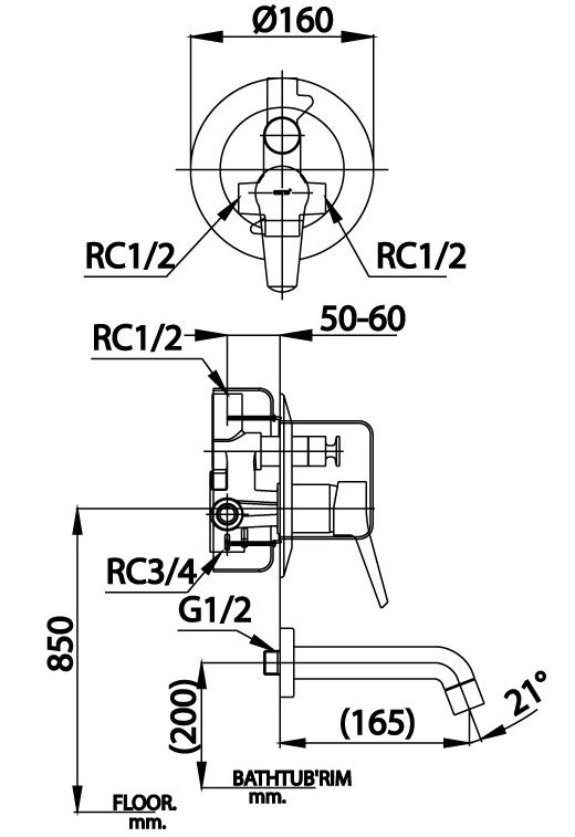 Bản vẽ van điều chỉnh âm tường ct 3009 ae Cotto nóng lạnh