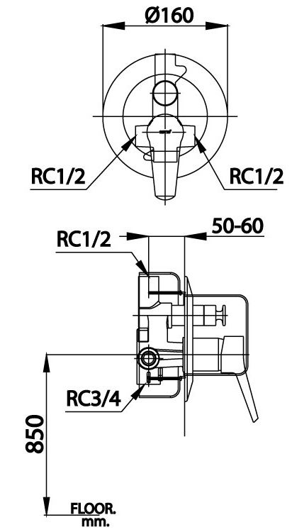 Bản vẽ van điều chỉnh âm tường ct 3009 aev Cotto nóng lạnh
