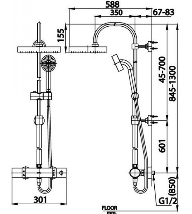 Bản vẽ kích thước sen cây nhiệt độ CT 3014 ZH016 Cotto
