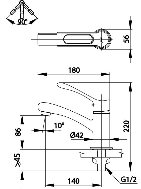 Bản vẽ kích thước vòi chậu rửa mặt lạnh Cotto ct 302 a