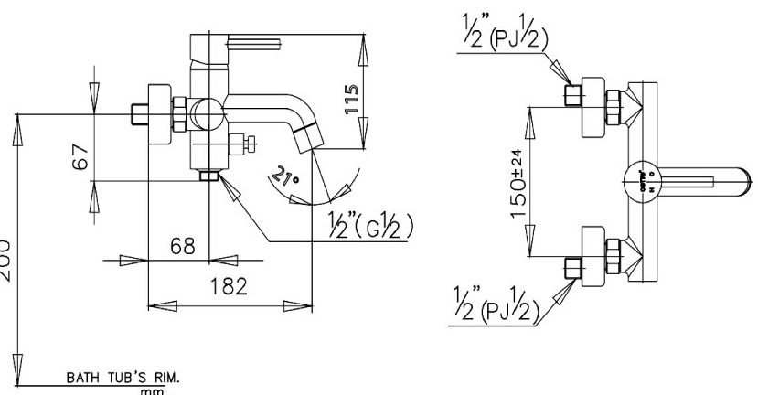 Bản vẽ kích thước củ sen Cotto CT 334 A nóng lạnh