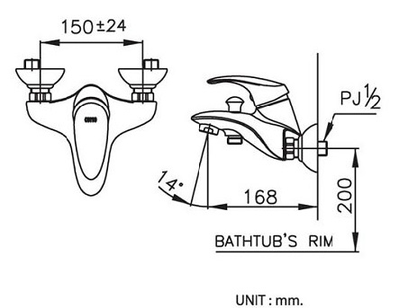 Bản vẽ kích thước củ sen tắm cotto CT 350 A nóng lạnh