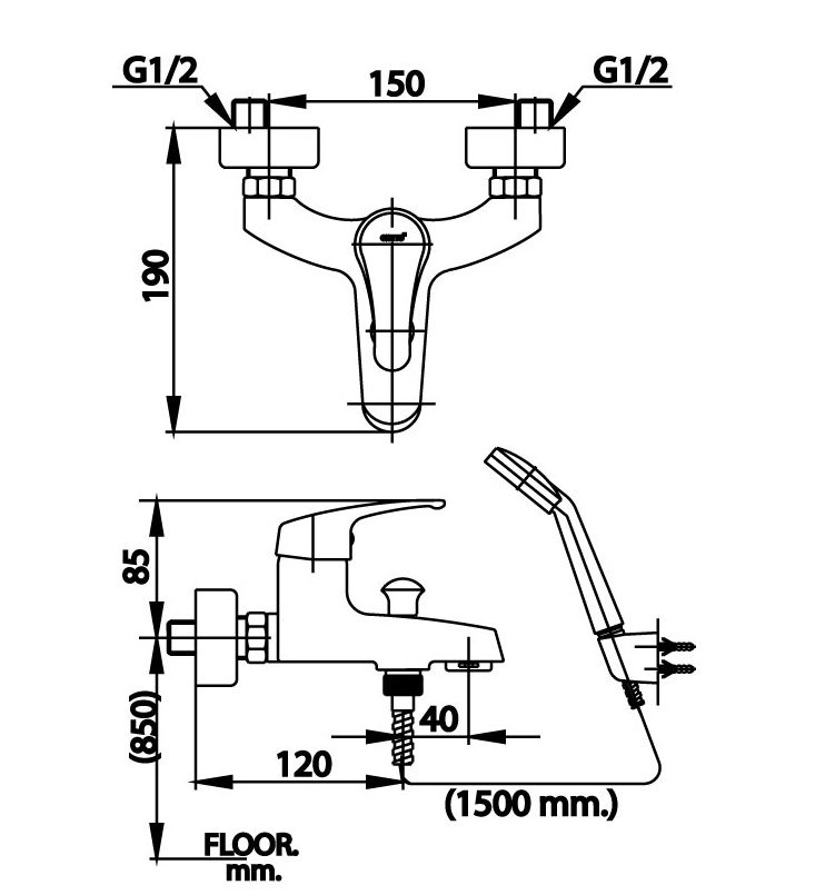 Bản vẽ kĩ thuật kích thước vòi sen tắm CT366E COTTO